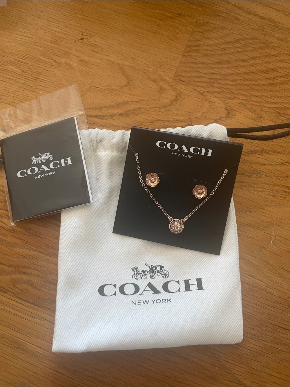 COACH Rose Gold Floral Pendant Necklace with Matching Studs